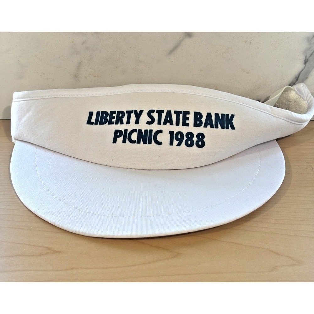 Vintage Liberty State Bank Picnic 1988 White Visor Hat Adjustable Cap